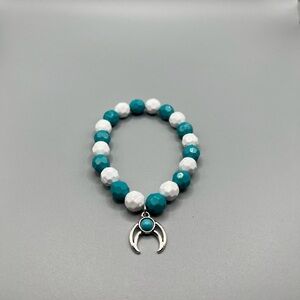 Turquoise and White Beaded Bracelet with Silver Charm - Handmade #B0348T